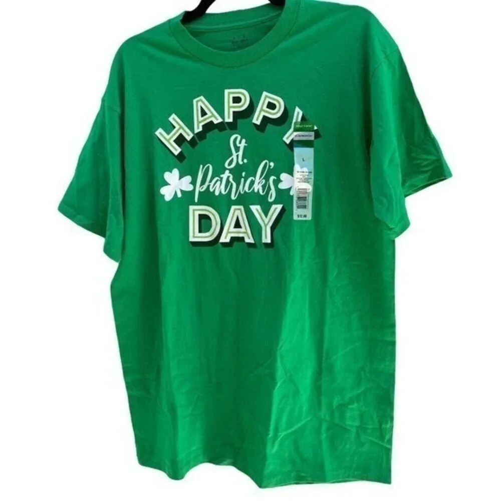 Happy St Patrick's Day Unisex Size L Green Crew Neck Short Sleeve T-Shirt‎ New‌